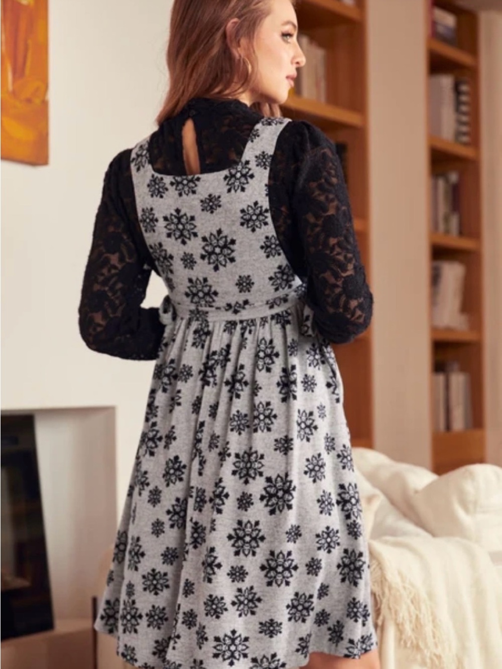 ModCloth Snowflake Midi jumper/pinafore in Gray & Black Size Large